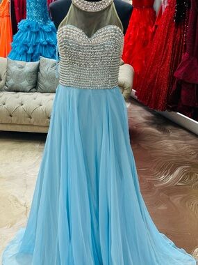 Elegant Light Blue Beaded Halter Prom Dress